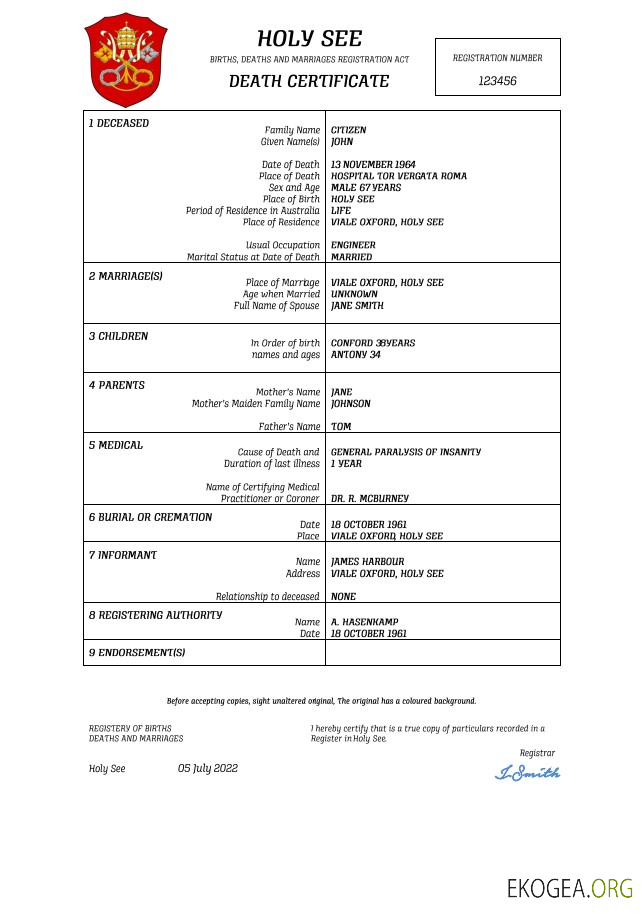 Acte d'état civil du Saint Siège, certificat de décès, modèle Word et PDF